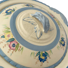 Load image into Gallery viewer, Close-up of NHP9 pattern showing hand-painted pink, yellow, and blue florals with periwinkle blue bands on creamware
