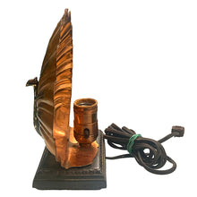 Load image into Gallery viewer, Vintage art deco peacock TV table lamp features a cast metal base, chrome plated peacock body and stamped copper feather fan. The bottom is stamped with a crest with the letters SP, but we are unable to determine the maker. Given that peacock are considered to be exotic, this piece of lighting history shows off the height of sophistication in the art deco era!

In as found vintage condition with significant wear to the chrome and a nice overall patina.

Measures 8 7/8 x 3 1/2 x 8 1/4 inches
