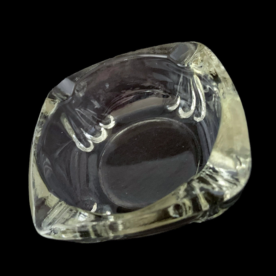 Vintage mid-century art deco style clear pressed glass square patio ashtray with stylized foot. Produced by Duncan Miller.  In excellent condition, free from chips/cracks.  Measures approximately 3 1/2 x 1 1/4 inches