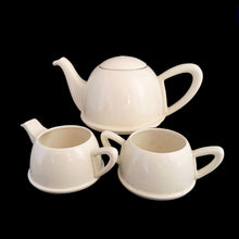 Load image into Gallery viewer, Lovely art deco vintage teapot with brewing basket and insulated stainless steel beehive style cover along with coordinating, creamer and sugar similarly treated with smooth covers. Crafted by &quot;H&quot; Everhot, England. Covers are easily removed for cleaning. All pieces are in excellent used vintage condition with crazing present. The creamer shows minor wear to the spout but no chips and the sugar has some minor staining. 
