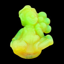 Load image into Gallery viewer, Vintage Arty All the World Loves a Clown vaseline uranium slag glass figurine. Crafted by Mosser Glass, USA, 1981 - 1982. This adorable little clown holding a bunch of balloons glows beautifully under black light. An adorable collectible!

In like new condition, in original box with leaflet.

Measures 2 3/4 x 1 3/8 x 3 1/2 inches
