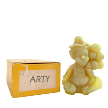 Load image into Gallery viewer, Vintage Arty All the World Loves a Clown vaseline uranium slag glass figurine. Crafted by Mosser Glass, USA, 1981 - 1982. This adorable little clown holding a bunch of balloons glows beautifully under black light. An adorable collectible!

In like new condition, in original box with leaflet.

Measures 2 3/4 x 1 3/8 x 3 1/2 inches
