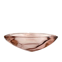 Load image into Gallery viewer, Vintage atomic shaped, art deco style tri-sided pink glass ashtray featuring a subtle swirl. Designed by artisan Author Rudolf Jurniki for Mstisov and Moser, Czechoslovakia, circa 1950s. Add this versatile piece of glass to your tobacciana collection; use as decor, a catchall or as intended! In great vintage condition, free from chips, minor wear to the bottom. Measures 7 1/8 x 2 inches
