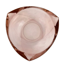 Load image into Gallery viewer, Vintage atomic shaped, art deco style tri-sided pink glass ashtray featuring a subtle swirl. Designed by artisan Author Rudolf Jurniki for Mstisov and Moser, Czechoslovakia, circa 1950s. Add this versatile piece of glass to your tobacciana collection; use as decor, a catchall or as intended! In great vintage condition, free from chips, minor wear to the bottom. Measures 7 1/8 x 2 inches
