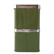 Load image into Gallery viewer, Vintage set of four avocado green retro kitchen canisters topped with chrome lids and green knobs. Each has period style typography in green plastic medallion with a silver letter to represent flour, sugar, coffee and tea. EKCO, Canada, 1970s. Add these beauties to retrofy your countertop! Great vintage condition. Canisters appear to be well cared for, with age appropriate wear to the paint mainly on the Sugar and Flour canisters. Stamped on the bottom with Made in Canada.

