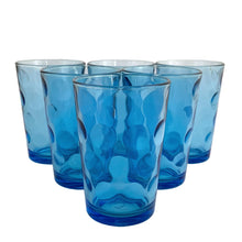 Load image into Gallery viewer, Set of six, vintage style azure blue &quot;Mirage&quot; glass flat tumbler featuring a raised dots or circles pattern. Crafted by Pasabahce, Turkey. Beautiful drinkware for everyday use or cocktails!  Measures 2 5/8 x 3 7/8 inches  Capacity 6 ounces
