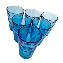 Load image into Gallery viewer, Set of six, vintage style azure blue &quot;Mirage&quot; glass flat tumbler featuring a raised dots or circles pattern. Crafted by Pasabahce, Turkey. Beautiful drinkware for everyday use or cocktails!  Measures 2 5/8 x 3 7/8 inches  Capacity 6 ounces
