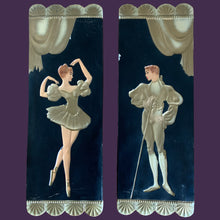 Load image into Gallery viewer, A charming pair of vintage mid-century chalk ware plaques featuring an elegant male ballet dancer and a female ballerina dancing on stage with draped curtain detail. Crafted by Coventry Ware, USA, circa 1940/50s. A gorgeous set!  In good vintage condition, some wear on front and back. There are a few paint chips and scuff marks that could easily be touched up. Otherwise, these have aged nicely. Unmarked.  Measures 7 1/2 x 21 inches
