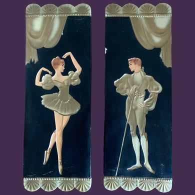 A charming pair of vintage mid-century chalk ware plaques featuring an elegant male ballet dancer and a female ballerina dancing on stage with draped curtain detail. Crafted by Coventry Ware, USA, circa 1940/50s. A gorgeous set!  In good vintage condition, some wear on front and back. There are a few paint chips and scuff marks that could easily be touched up. Otherwise, these have aged nicely. Unmarked.  Measures 7 1/2 x 21 inches