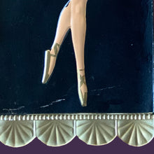 Load image into Gallery viewer, A charming pair of vintage mid-century chalk ware plaques featuring an elegant male ballet dancer and a female ballerina dancing on stage with draped curtain detail. Crafted by Coventry Ware, USA, circa 1940/50s. A gorgeous set!  In good vintage condition, some wear on front and back. There are a few paint chips and scuff marks that could easily be touched up. Otherwise, these have aged nicely. Unmarked.  Measures 7 1/2 x 21 inches
