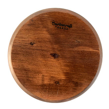 Load image into Gallery viewer, Bottom view of Baribocraft apple-shaped ice bucket showing walnut wood grain and maker's mark, 1960s Canadian barware
