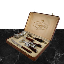 Load image into Gallery viewer, Fabulous mid-century vintage four piece &quot;Barmates&quot; cocktail bar tool set, presented in the original satin lined box. Set includes double sided jigger, corkscrew bottle opener, tongs, and bar knife. Each chrome plated tool has a gorgeous dark amber bakelite handle. Crafted by Glo-Hill of Canada, circa 1950s. A truly stunning set! In excellent like-new condition. Minor wear to the box.
