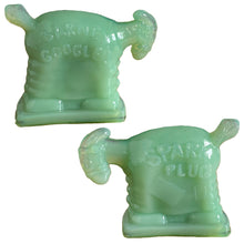 Load image into Gallery viewer, RARE vintage collectible green Jadeite glass figurine of the Spark Plug the Horse from the Barney Google and Spark Plug 1920s comic strip. The Spark Plug figurine wears his trademark patched blanket with the words &quot;Barney Googles and 1923 on one side and Spark Plug and USA on the other side. Guernsey Glass, USA, marked with a B inside a triangle. New old stock. In excellent condition.
