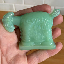 Load image into Gallery viewer, RARE vintage collectible green Jadeite glass figurine of the Spark Plug the Horse from the Barney Google and Spark Plug 1920s comic strip. The Spark Plug figurine wears his trademark patched blanket with the words &quot;Barney Googles and 1923 on one side and Spark Plug and USA on the other side. Guernsey Glass, USA, marked with a B inside a triangle. New old stock. In excellent condition.
