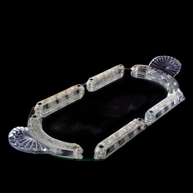 Beautiful vintage baroque style mirrored vanity tray featuring decorative crystal border details and fan handles A stunning piece to add to your bedroom or bath decor.  In excellent condition, no chips/cracks.  Measures 18 1/4 x 7 1/2 inches