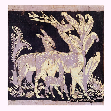 We're excited to offer this absolutely beautiful original Batik creation signed by world reknowned Sri Lankan artist Eric Suriyasena which features a woodland scene of a family of deer in shades of deep brown, mauve and tan. Stretched on a hardwood frame.  In excellent condition.  Measures 15 1/8 x 16 inches