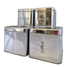 Load image into Gallery viewer, Lincoln BeautyWare vintage chrome kitchen canister set 4-piece Art Deco mid-century, full set front view
