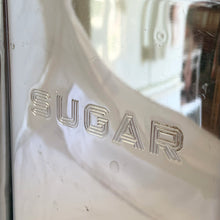 Load image into Gallery viewer, Vintage chrome canister Art Deco impressed SUGAR lettering close-up, Lincoln BeautyWare 1940s–60s
