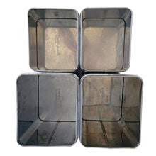 Load image into Gallery viewer, Top view of 4 vintage Lincoln BeautyWare chrome canisters open, showing interior and embossed script logo
