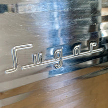 Load image into Gallery viewer, Close-up of embossed Sugar lettering on vintage Lincoln BeautyWare chrome canister, Art Deco script detail, 1940s USA

