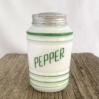 Vintage art deco beehive green striped milk glass pepper shaker featuring the word 
