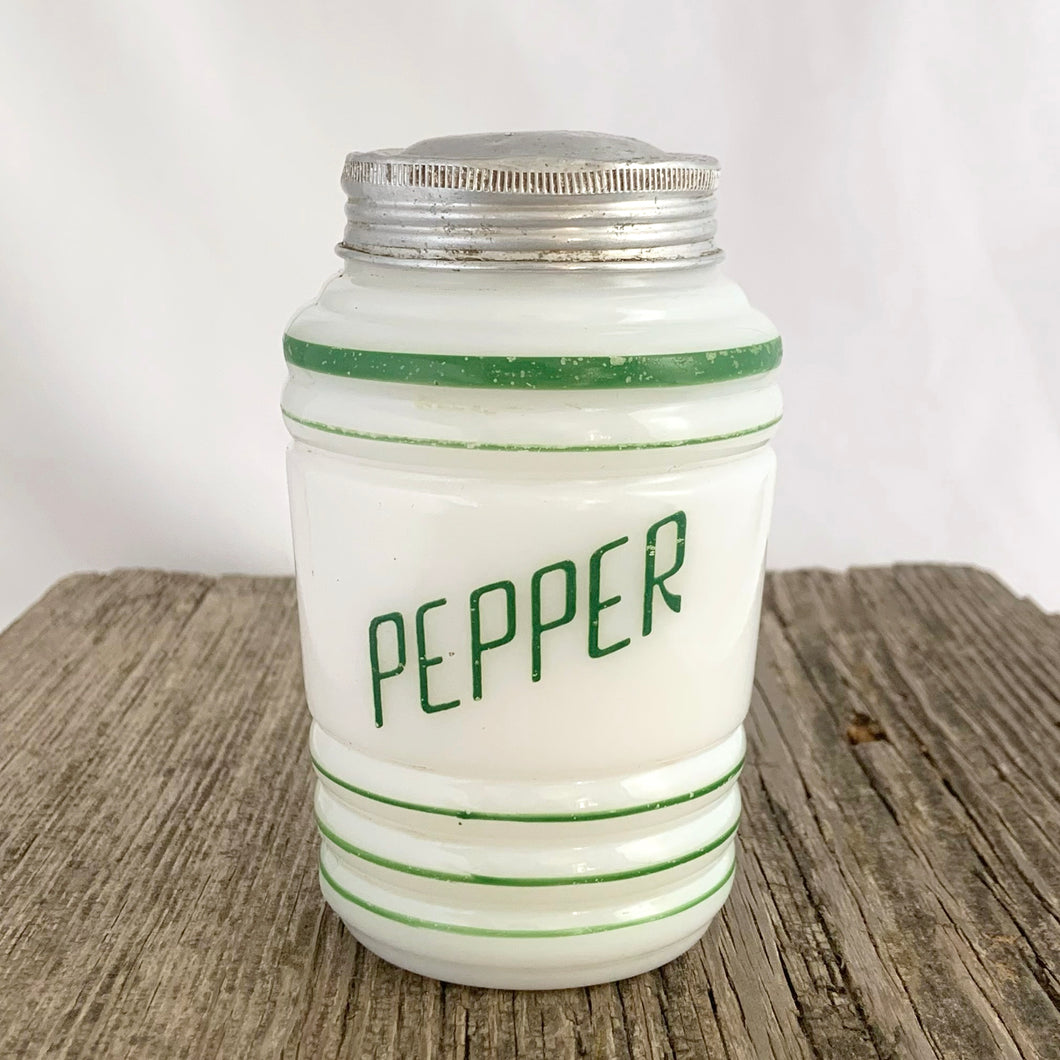 Vintage art deco beehive green striped milk glass pepper shaker featuring the word 