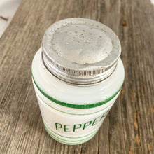 Load image into Gallery viewer, Vintage art deco beehive green striped milk glass pepper shaker featuring the word &quot;PEPPER&quot; in green. Crafted by Hazel-Atlas Glass, USA, 1930s. This highly collectible piece of depression glass will make a great addition to your tableware and kitchen decor!  In great vintage condition, no chips to the glass, minor wear to the paint and lid.  Measures 2 5/8 x 4 3/8 inches
