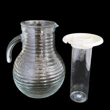 Load image into Gallery viewer, Lid and ice chamber detail of vintage Bormioli Rocco Viva Broadway ribbed glass pitcher, excellent condition, no chips
