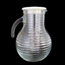 Load image into Gallery viewer, Full view of Bormioli Rocco Viva Broadway clear ribbed glass pitcher with open handle, vintage Italian tableware
