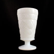 Load image into Gallery viewer, Vintage Big Top milk glass goblet with a stars and diamonds pattern. Produced by Hazel-Atlas Glass, USA, circa 1950s. This glass was produced for peanut butter product promotion.  In excellent condition, free from chips/cracks.  Measures 3 1/8 x 5 5/8 inches
