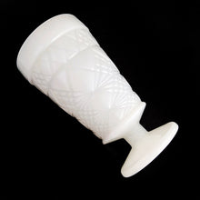 Load image into Gallery viewer, Vintage Big Top milk glass goblet with a stars and diamonds pattern. Produced by Hazel-Atlas Glass, USA, circa 1950s. This glass was produced for peanut butter product promotion.  In excellent condition, free from chips/cracks.  Measures 3 1/8 x 5 5/8 inches
