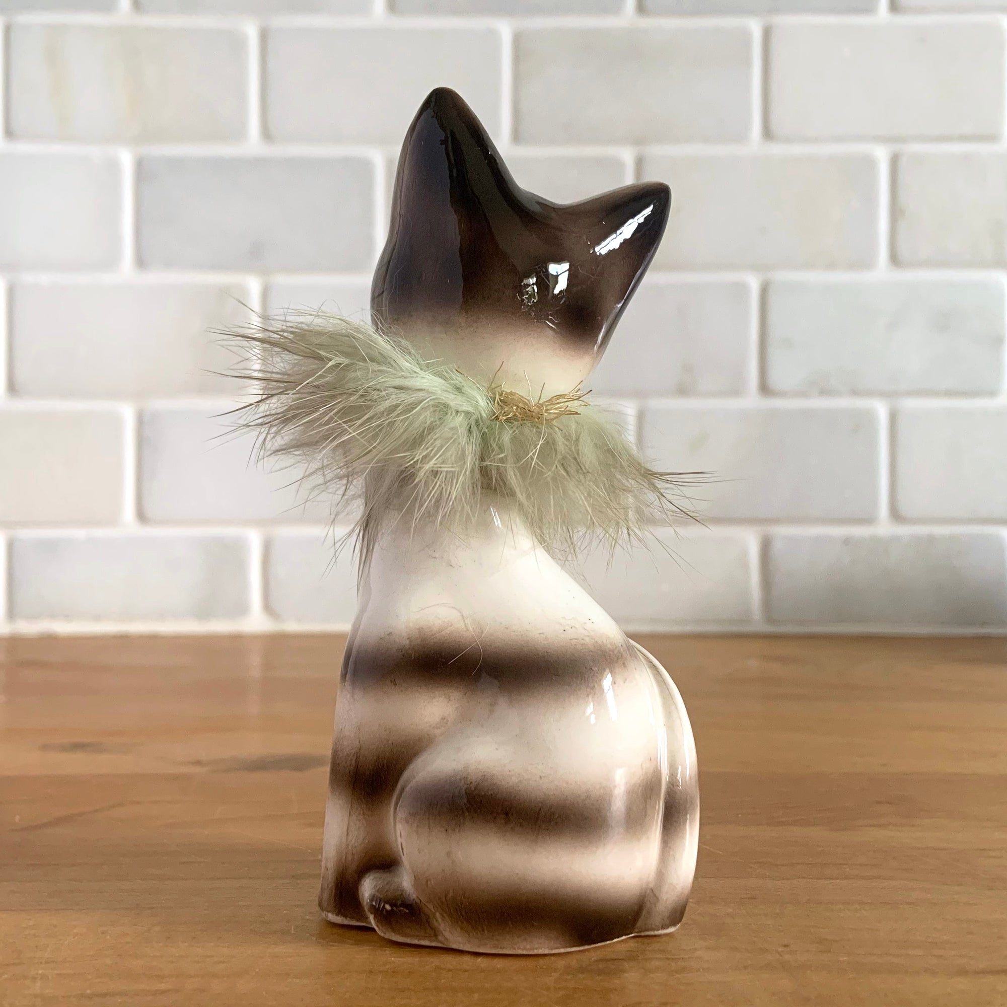 Vintage Anthropomorphic Big Yellow Eyed Cat Figurine w/ Fur Collar