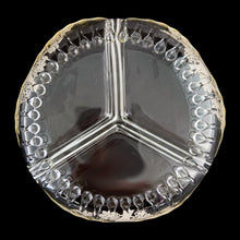 Load image into Gallery viewer, Jacks Daughter of All Trades Vintage Antique Mid-Century Kitsch Store Shop Reseller Etsy Shopify Toronto Canada Free Porch Pick Up Local Delivery Worldwide Shipping Judy Weinberg Unique Housewarming Gift Sustainable Gift Wedding Gift Home Decor Collectible Collector Gift Farmhouse Cottagecore Cottage Lodge Shabby Chic Industrial Hollywood Regency 3-part clear glass relish dish silver overlay of birds grapevines saw tooth rim Silver City USA 1950s tableware

