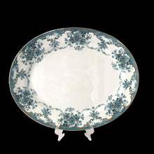 Load image into Gallery viewer, Antique Bishop &amp; Stonier Bexley pattern oval serving platter with teal floral transferware and gold enamel, 16 inches, England 1891-1939
