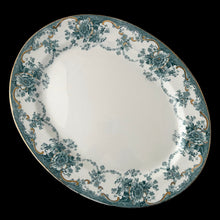 Load image into Gallery viewer, Close-up of Bexley pattern teal floral garland transferware with gold enamel detail on Bishop &amp; Stonier semi-porcelain platter
