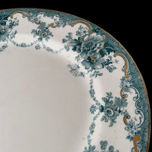 Load image into Gallery viewer, Detail of intricate teal floral transferware and gold accents on antique Bishop &amp; Stonier Bexley serving platter
