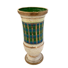 Load image into Gallery viewer, Vintage MCM art pottery footed vase with a band of repeating dots and stripes in shades of blue, green and gold on a pales butter yellow ground with gold details and green interior. Crafted by Bitossi Ceramiche, Italy 1960s. A wonderful piece of mid-century era art pottery to enhance your home's decor.

In good vintage condition, minor flea bit at the rim, no cracks or repairs. Sign on the bottom, 630 Italy.

Measures 6 x 12 3/4 inches
