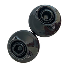 Load image into Gallery viewer, Hard-to-find pair of vintage black amethyst glass single lite candle holders, pattern 2395, featuring figural scrolls. Crafted by Fostoria Glass, USA, 1929 - 1939. These are perfect for long or short taper candles and will make a spooktacular accent for your Halloween decor or elegant tableware display!

In excellent condition, no chips.

Measures 4 1/2 x 3 1/4 inches

