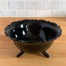 Load image into Gallery viewer, Vintage black amethyst &quot;Mt. Pleasant&quot; 3-toed footed bowl. Crafted by Smith Glass, USA, 1925 - 1934. Perfect as a serving or candy bowl. In excellent condition, free from chips. Measures 5 1/2 x 3 inches
