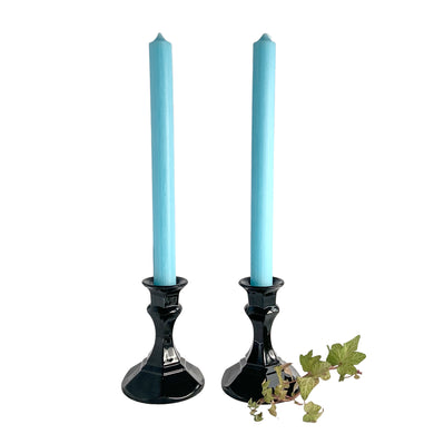 A fabulous pair of vintage pressed glass single light black amethyst candle holders in pattern 