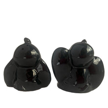 Load image into Gallery viewer, Adorable pair of hand painted black lucky elephant salt and pepper shakers. Crafted by Shafford, Japan, 1950s. A sweet kitschy shaker set for your Shafford or shaker collection!

In excellent vintage condition, no chips, with corks.

Measures 3 x 1 1/2 x 3 inches
