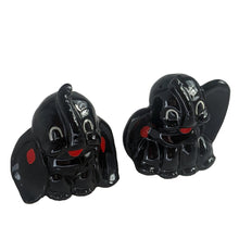 Load image into Gallery viewer, Adorable pair of hand painted black lucky elephant salt and pepper shakers. Crafted by Shafford, Japan, 1950s. A sweet kitschy shaker set for your Shafford or shaker collection!

In excellent vintage condition, no chips, with corks.

Measures 3 x 1 1/2 x 3 inches
