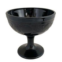 Load image into Gallery viewer, Full front view of Luminarc Gourmande black opaline dessert bowl with embossed fruit and ribbed pedestal stem, 1970s France
