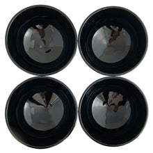 Load image into Gallery viewer, Overhead view of Full set of 4 vintage Luminarc Gourmande black opaline footed dessert bowls showing interior and rim detail— excellent condition, no chips
