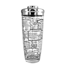 Load image into Gallery viewer, This iconic vintage mid-century glass cocktail shaker features 15 classic cocktail recipes in black, accented with fruits, cocktail graphics, a measuring scale in both ounces and litres, topped with a chrome lid. Crafted by Irvinware, USA 1970s. Reclaim the pleasure of being your home's star bartender...no Googling required!

In excellent condition, no chips or wear.

Measures 3 1/2 x 9 1/4 inches

Capacity 24 ounces or .710 litres
