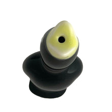 Load image into Gallery viewer, Vintage ceramic black pie bird with a yellow beak and eyes. Crafted by Norpro, Taiwan, 1980s. An essential accessory for the pie baker that allows steam to vent while a pie is baking to help prevent the fruit from bubbling over.  In excellent condition, no chips.  Measures 1 3/4 x 1 3/4 x 3 7/8 inches
