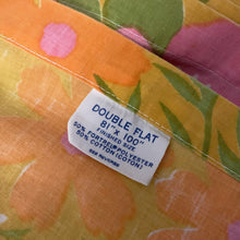 Load image into Gallery viewer, Vintage Blossoms Here and There double/full size flat and fitted sheets in shades of pink, orange and green on a deep yellow ground. Crafted by Wamsutta USA, 1973. This colourful mod flower power print brings so much fun and energy to your bedroom and home decor or repurpose for crafting!

Fabric is in good vintage condition. Original label present.&nbsp;

Flat sheet measures 81 x 100 inches

Fitted sheet fits 54 x 75 inch
