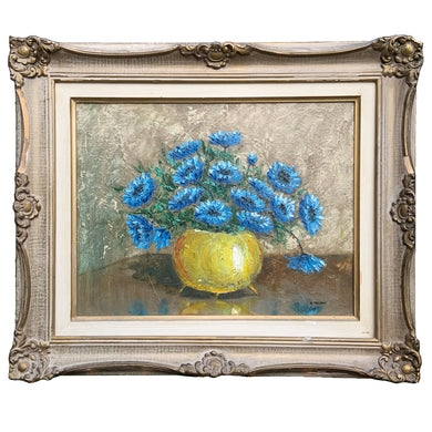 Breathtaking beautiful vintage floral still life of blue anemone flowers in a yellow vase. This piece is a skillfully hand-painted original oil on board and signed by the artist, G. Hillman. Ornate wood frame. Lovingly crafted, this one-of-a-kind piece will add an exquisite touch of warmth to your home decor.

Art board measures 17 1/4 x 13 1/2 inch

Framed measurements 24 3/4 x 20 1/2 inches

The painting is in excellent condition, however, the frame has condition issues.