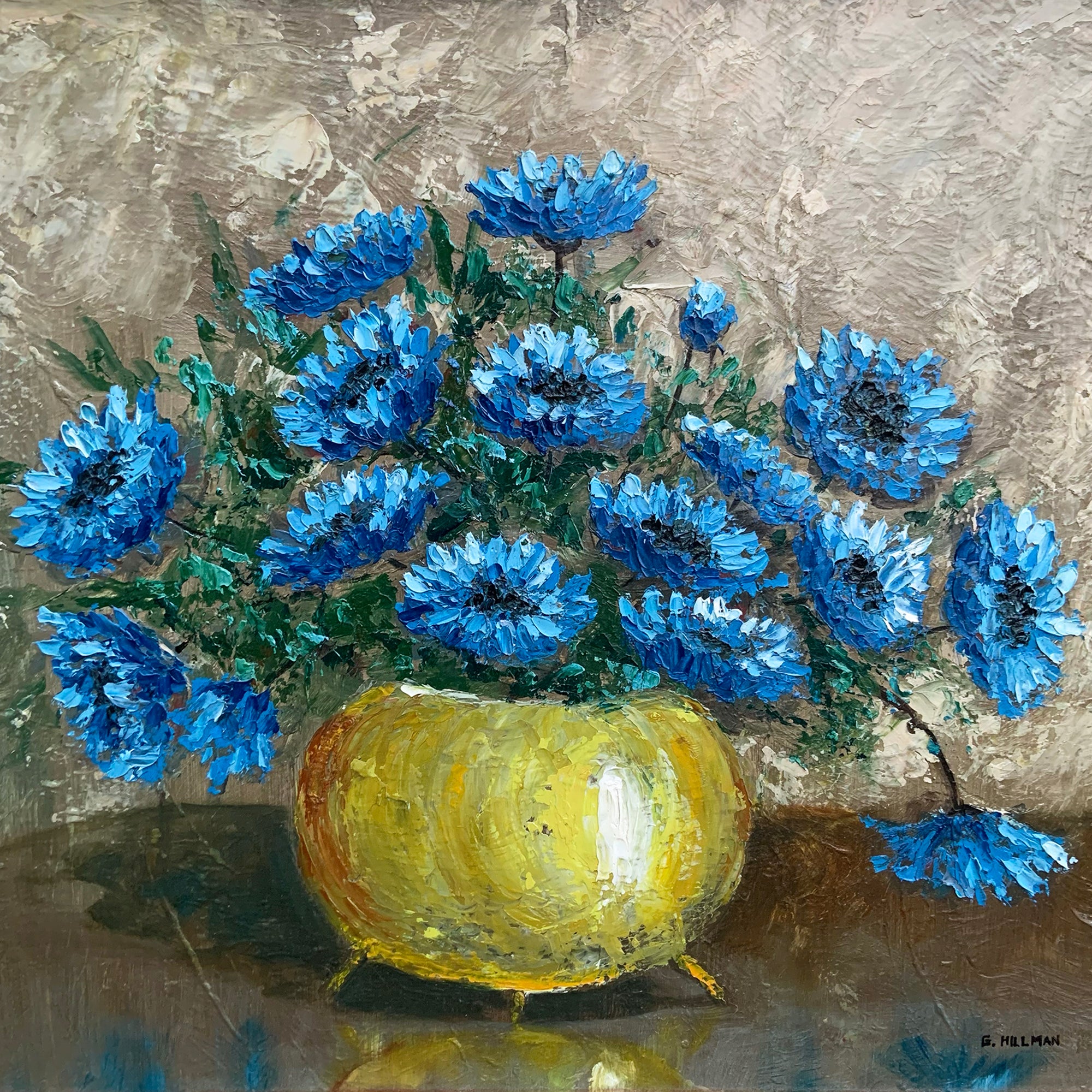 Vintage Blue Anemones Still Life Original Oil on Board, G. Hillman