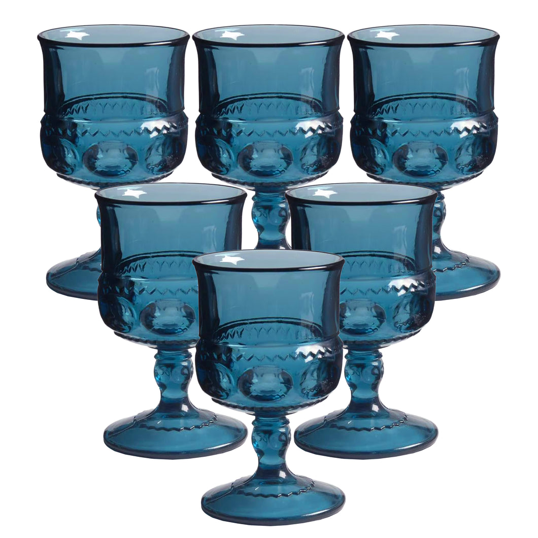 Set of six, vintage blue Crown wine glasses. Crafted by Colony Glass, USA, 1964 - 1967. These iconic glasses are perfect for entertaining!

In excellent condition, no chips.

Measures 2 1/2 x 4 3/8 inches

Capacity 6 ounces